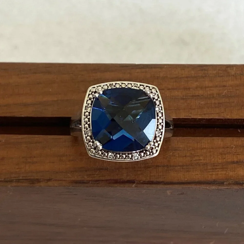 Sterling Silver 925 P☆M Blue Cubic Zirconia & Diamond Accent Stone Ring Sz 7